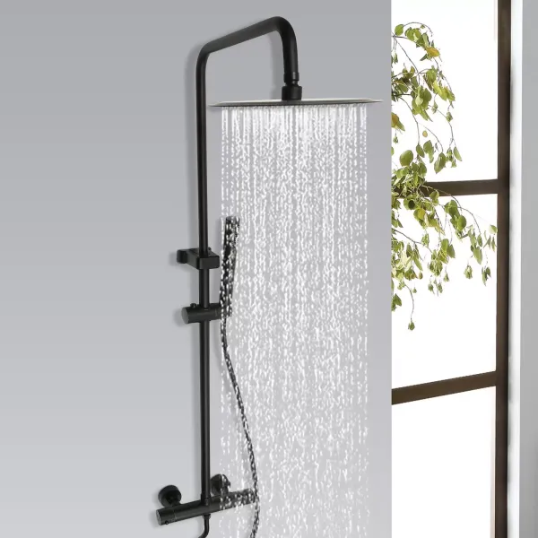 Sistema de ducha con termostato, con cabezal de ducha de 26 cm para cabezal de ducha con manguera y soporte, altura ajustable 85-123 cm, negro
