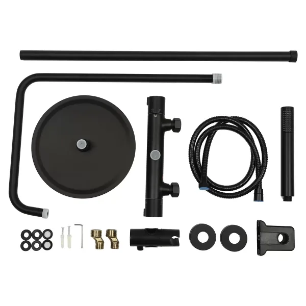 Sistema de ducha con termostato, con cabezal de ducha de 26 cm para cabezal de ducha con manguera y soporte, altura ajustable 85-123 cm, negro