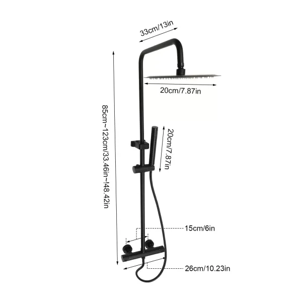 Sistema de ducha con termostato, con cabezal de ducha de 26 cm para cabezal de ducha con manguera y soporte, altura ajustable 85-123 cm, negro