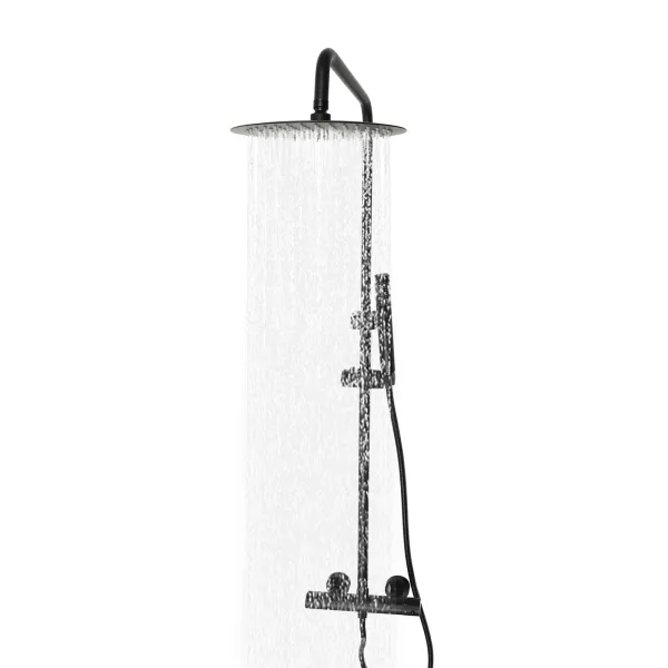 Sistema de ducha con termostato, con cabezal de ducha de 26 cm para cabezal de ducha con manguera y soporte, altura ajustable 85-123 cm, negro