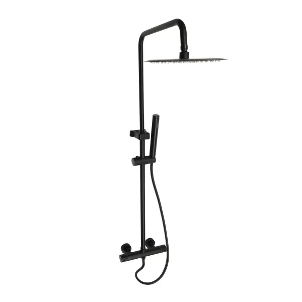 Sistema de ducha con termostato, con cabezal de ducha de 26 cm para cabezal de ducha con manguera y soporte, altura ajustable 85-123 cm, negro