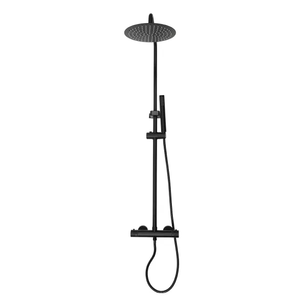 Sistema de ducha con termostato, con cabezal de ducha de 26 cm para cabezal de ducha con manguera y soporte, altura ajustable 85-123 cm, negro