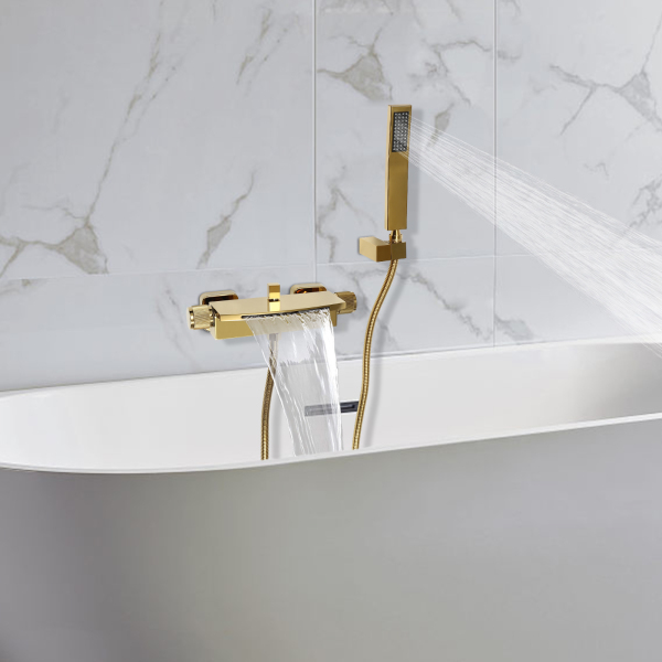 Grifo de bañera con ducha de mano, manguera de ducha y soporte de ducha, cascada, grifo mezclador de pared, Dorado