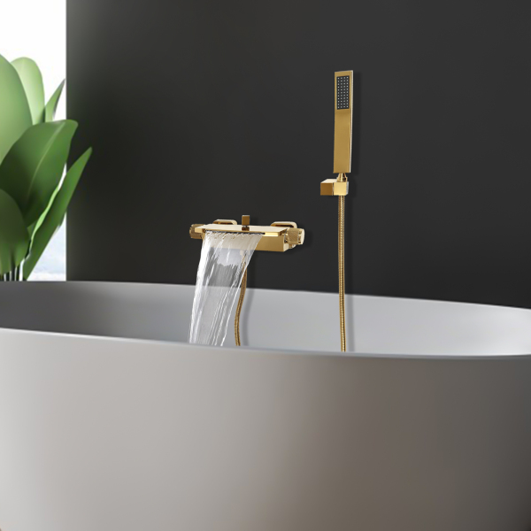Grifo de bañera con ducha de mano, manguera de ducha y soporte de ducha, cascada, grifo mezclador de pared, Dorado