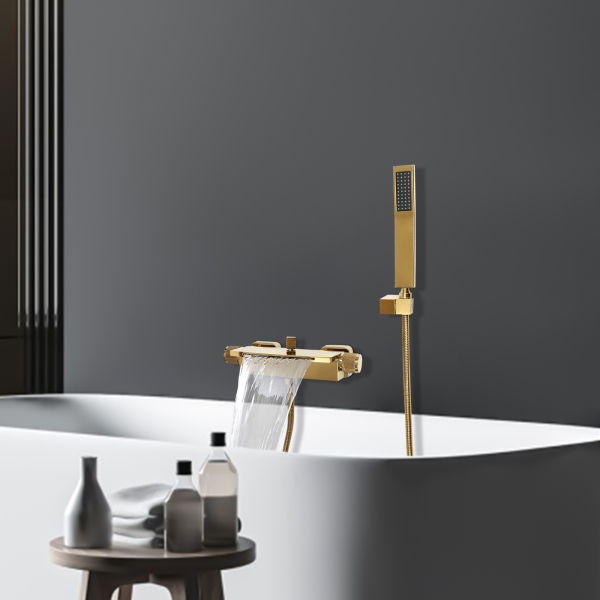 Grifo de bañera con ducha de mano, manguera de ducha y soporte de ducha, cascada, grifo mezclador de pared, Dorado
