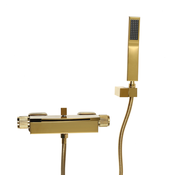 Grifo de bañera con ducha de mano, manguera de ducha y soporte de ducha, cascada, grifo mezclador de pared, Dorado