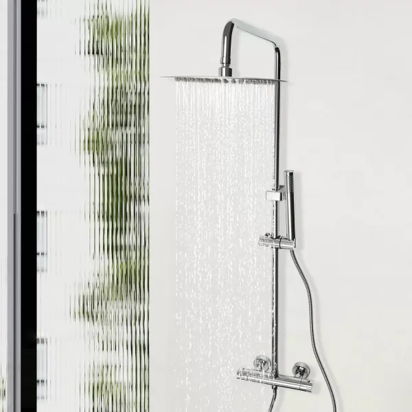 Sistema de ducha con termostato, con cabezal de ducha de 20 cm para cabezal de ducha con manguera y soporte, altura ajustable 85-123 cm, plateado