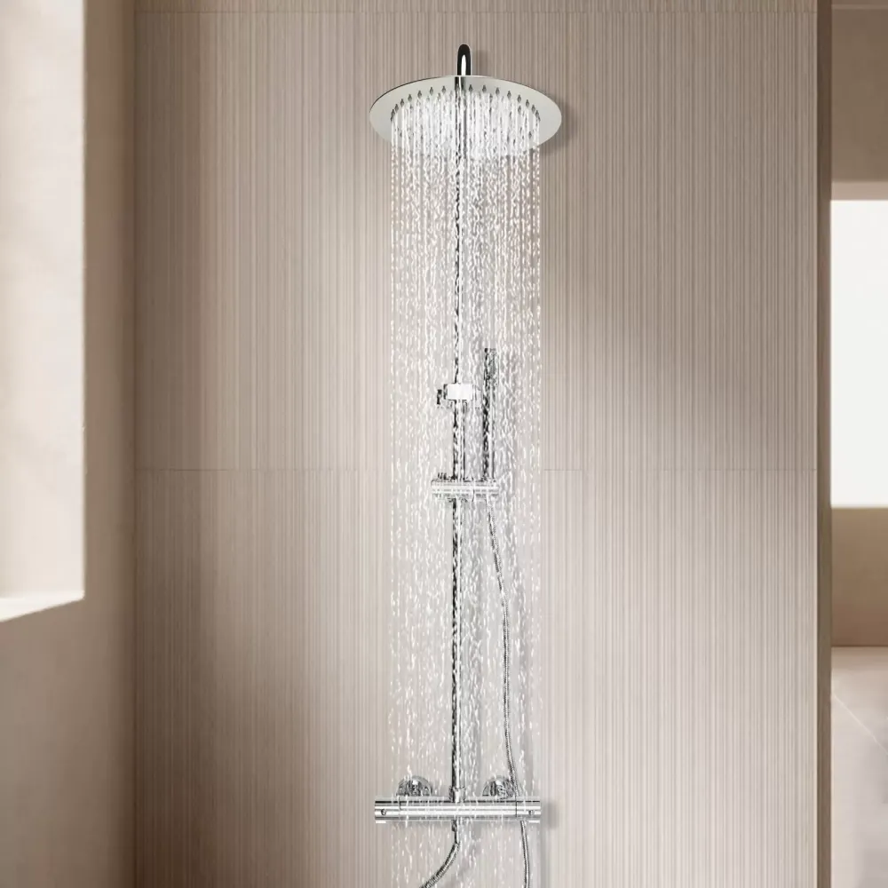 Sistema de ducha con termostato, con cabezal de ducha de 20 cm para cabezal de ducha con manguera y soporte, altura ajustable 85-123 cm, plateado