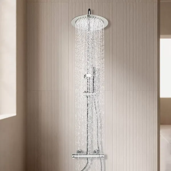 Sistema de ducha con termostato, con cabezal de ducha de 20 cm para cabezal de ducha con manguera y soporte, altura ajustable 85-123 cm, plateado