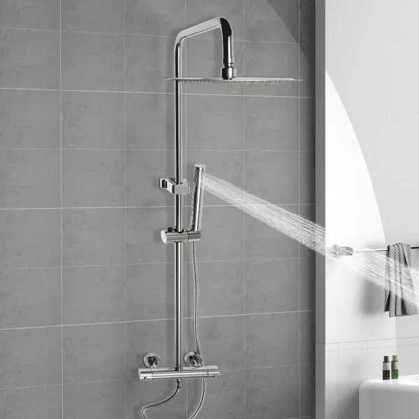 Sistema de ducha con termostato, con cabezal de ducha de 20 cm para cabezal de ducha con manguera y soporte, altura ajustable 85-123 cm, plateado
