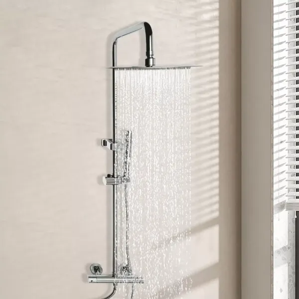 Sistema de ducha con termostato, con cabezal de ducha de 20 cm para cabezal de ducha con manguera y soporte, altura ajustable 85-123 cm, plateado