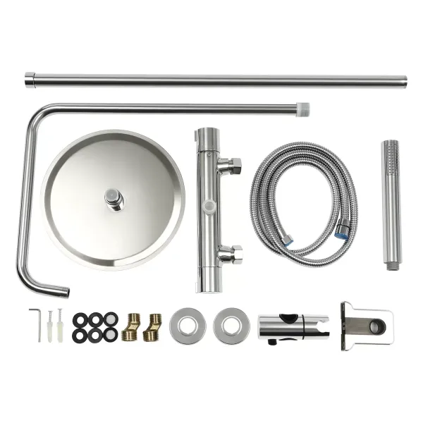 Sistema de ducha con termostato, con cabezal de ducha de 20 cm para cabezal de ducha con manguera y soporte, altura ajustable 85-123 cm, plateado