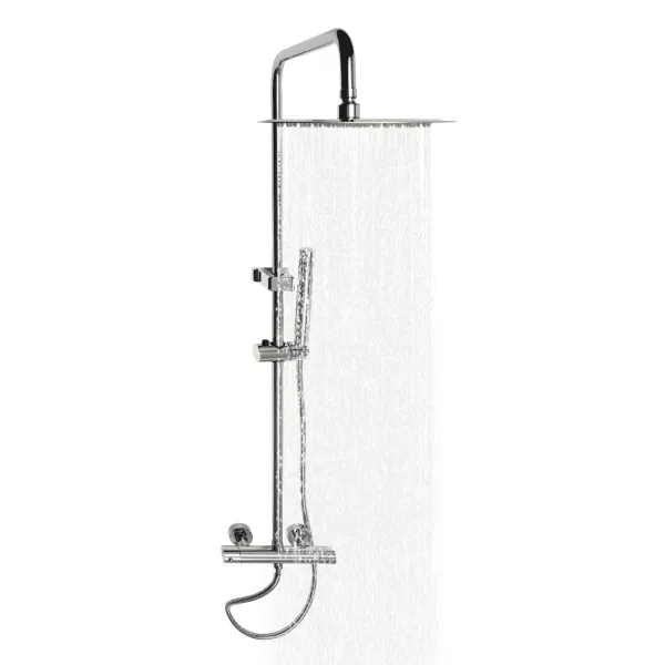 Sistema de ducha con termostato, con cabezal de ducha de 20 cm para cabezal de ducha con manguera y soporte, altura ajustable 85-123 cm, plateado