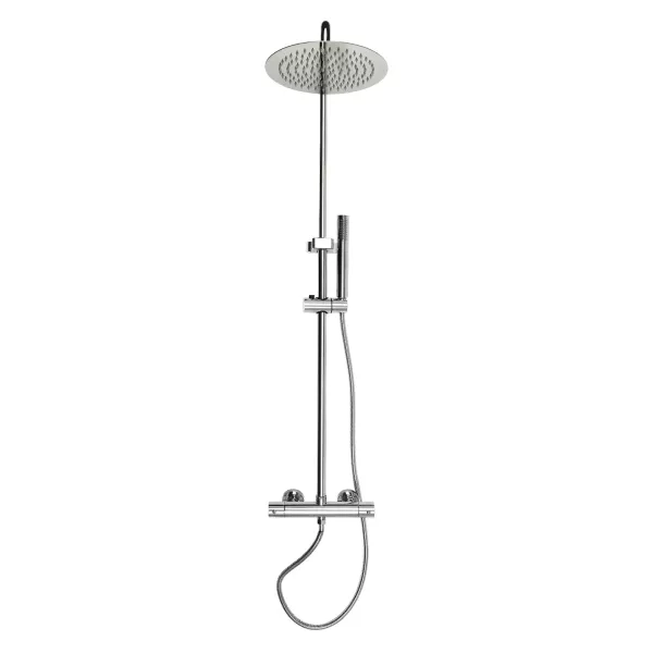 Sistema de ducha con termostato, con cabezal de ducha de 20 cm para cabezal de ducha con manguera y soporte, altura ajustable 85-123 cm, plateado
