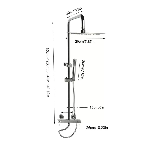 Sistema de ducha con termostato, con cabezal de ducha de 20 cm para cabezal de ducha con manguera y soporte, altura ajustable 85-123 cm, plateado