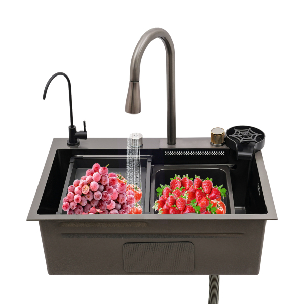 Fregadero con grifo extraíble, fregadero de cocina de un solo tazón plateado, de acero inoxidable 304,  cuatro modos de salida, 68 x 45 cm