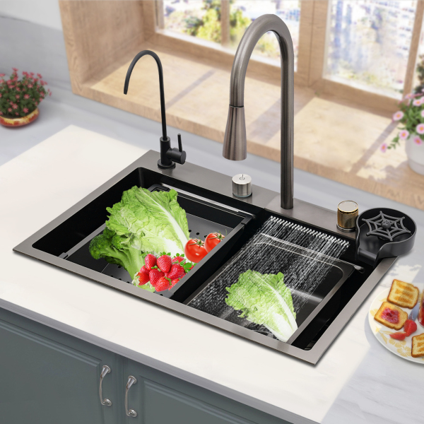 Fregadero con grifo extraíble, fregadero de cocina de un solo tazón plateado, de acero inoxidable 304,  cuatro modos de salida, 68 x 45 cm