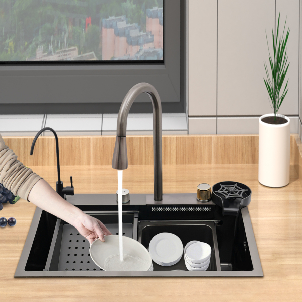 Fregadero con grifo extraíble, fregadero de cocina de un solo tazón plateado, de acero inoxidable 304, cuatro modos de salida, 68 x 45 cm Fregadero con grifo extraíble, fregadero de cocina de un solo tazón plateado, de acero inoxidable 304, cuatro modos de salida, 68 x 45 cm
