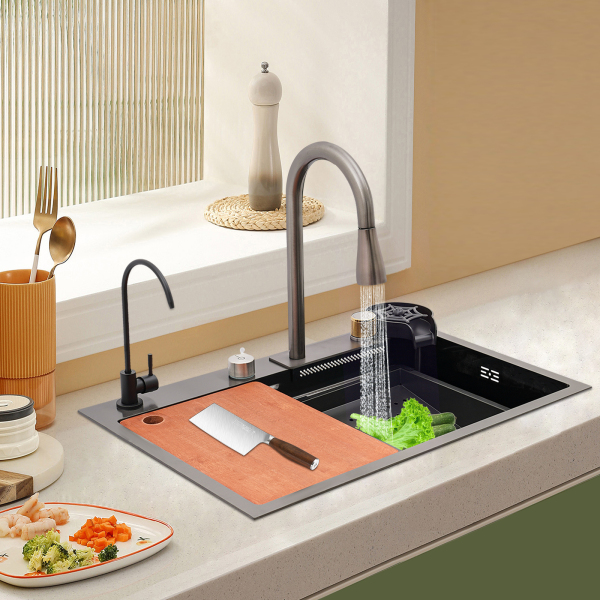 Fregadero con grifo extraíble, fregadero de cocina de un solo tazón plateado, de acero inoxidable 304, cuatro modos de salida, 68 x 45 cm Fregadero con grifo extraíble, fregadero de cocina de un solo tazón plateado, de acero inoxidable 304, cuatro modos de salida, 68 x 45 cm