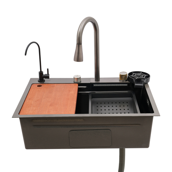 Fregadero con grifo extraíble, fregadero de cocina de un solo tazón plateado, de acero inoxidable 304,  cuatro modos de salida, 68 x 45 cm