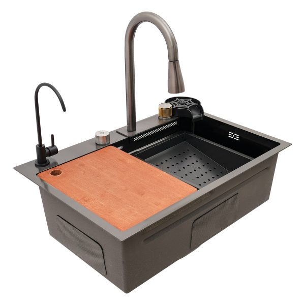 Fregadero con grifo extraíble, fregadero de cocina de un solo tazón plateado, de acero inoxidable 304, cuatro modos de salida, 68 x 45 cm Fregadero con grifo extraíble, fregadero de cocina de un solo tazón plateado, de acero inoxidable 304, cuatro modos de salida, 68 x 45 cm