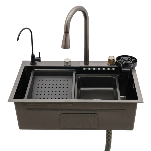 Fregadero con grifo extraíble, fregadero de cocina de un solo tazón plateado, de acero inoxidable 304,  cuatro modos de salida, 68 x 45 cm