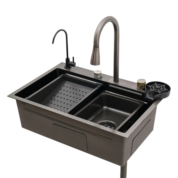 Fregadero con grifo extraíble, fregadero de cocina de un solo tazón plateado, de acero inoxidable 304,  cuatro modos de salida, 68 x 45 cm