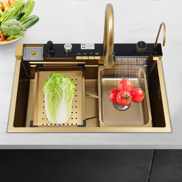 75*46*22cm Fregadero de cocina en cascada digital con grifo Fregadero de cocina en cascada con pantalla digital Dorado