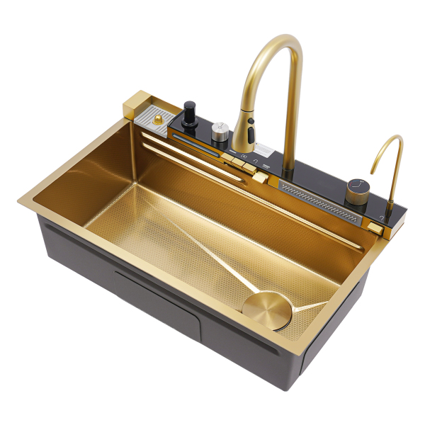 75*46*22cm Fregadero de cocina en cascada digital con grifo Fregadero de cocina en cascada con pantalla digital Dorado
