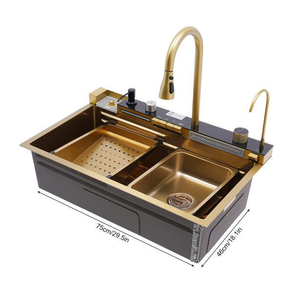 75*46*22cm Fregadero de cocina en cascada digital con grifo Fregadero de cocina en cascada con pantalla digital Dorado 75*46*22cm Fregadero de cocina en cascada digital con grifo Fregadero de cocina en cascada con pantalla digital Dorado