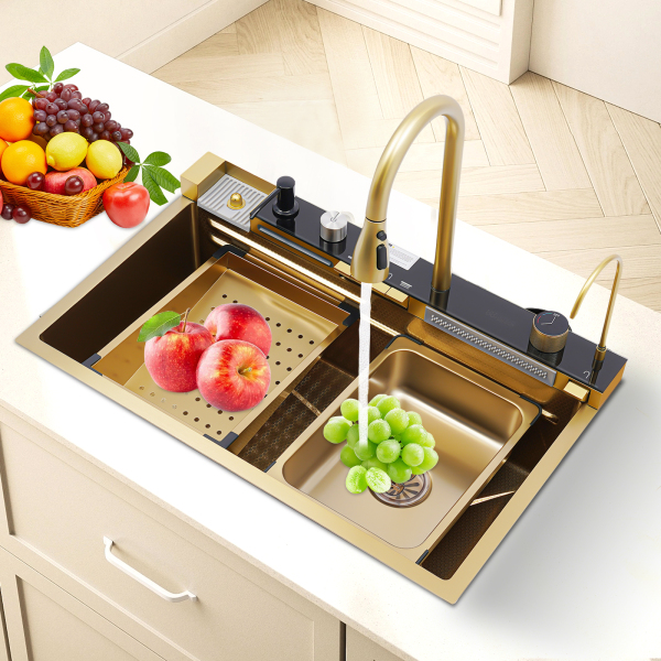 75*46*22cm Fregadero de cocina en cascada digital con grifo Fregadero de cocina en cascada con pantalla digital Dorado 75*46*22cm Fregadero de cocina en cascada digital con grifo Fregadero de cocina en cascada con pantalla digital Dorado