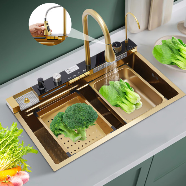 75*46*22cm Fregadero de cocina en cascada digital con grifo Fregadero de cocina en cascada con pantalla digital Dorado