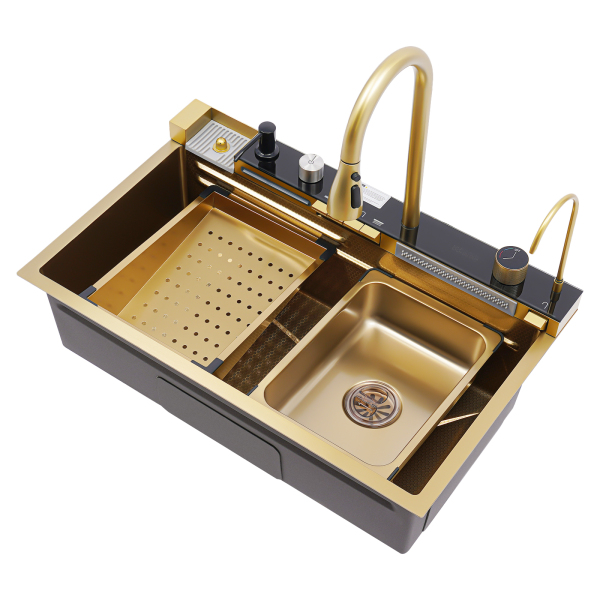 75*46*22cm Fregadero de cocina en cascada digital con grifo Fregadero de cocina en cascada con pantalla digital Dorado