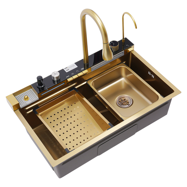 75*46*22cm Fregadero de cocina en cascada digital con grifo Fregadero de cocina en cascada con pantalla digital Dorado 75*46*22cm Fregadero de cocina en cascada digital con grifo Fregadero de cocina en cascada con pantalla digital Dorado
