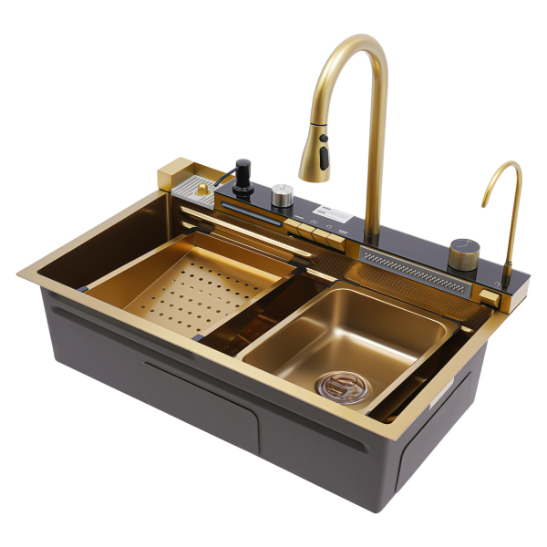 75*46*22cm Fregadero de cocina en cascada digital con grifo Fregadero de cocina en cascada con pantalla digital Dorado