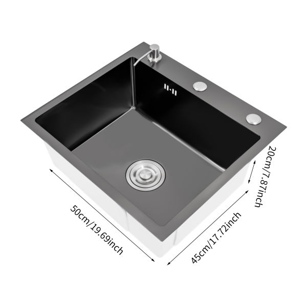 Fregadero de cocina de 50 x 45 cm, acero inoxidable, fregadero de 20 cm, armario inferior con desagüe y escurridor, dispensador de jabón(Gris-oscuro) Fregadero de cocina de 50 x 45 cm, acero inoxidable, fregadero de 20 cm, armario inferior con desagüe y escurridor, dispensador de jabón(Gris-oscuro)