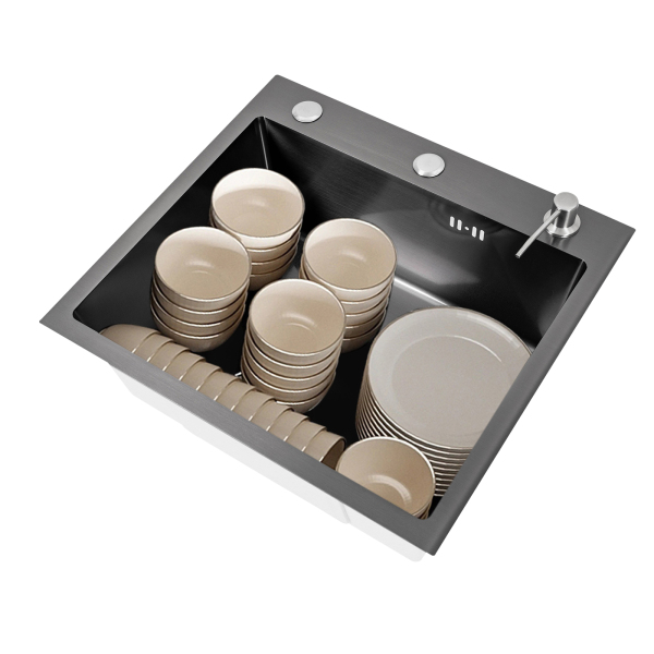 Fregadero de cocina de 50 x 45 cm, acero inoxidable, fregadero de 20 cm, armario inferior con desagüe y escurridor, dispensador de jabón(Gris-oscuro)