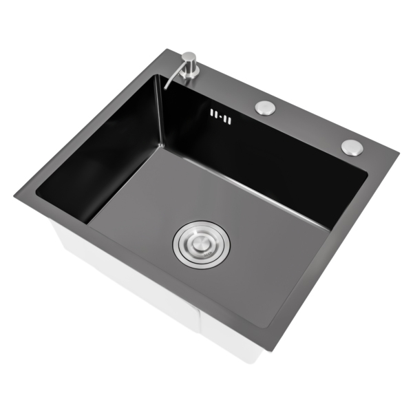 Fregadero de cocina de 50 x 45 cm, acero inoxidable, fregadero de 20 cm, armario inferior con desagüe y escurridor, dispensador de jabón(Gris-oscuro)