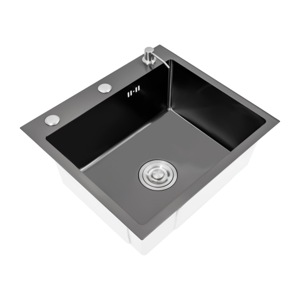 Fregadero de cocina de 50 x 45 cm, acero inoxidable, fregadero de 20 cm, armario inferior con desagüe y escurridor, dispensador de jabón(Gris-oscuro) Fregadero de cocina de 50 x 45 cm, acero inoxidable, fregadero de 20 cm, armario inferior con desagüe y escurridor, dispensador de jabón(Gris-oscuro)