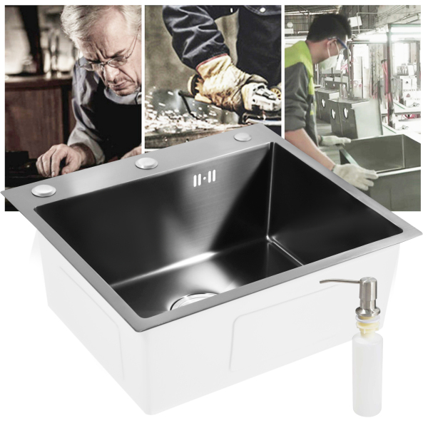 Fregadero de cocina de 50 x 45 cm, acero inoxidable, fregadero de 20 cm, armario inferior con desagüe y escurridor, dispensador de jabón(Gris-oscuro)
