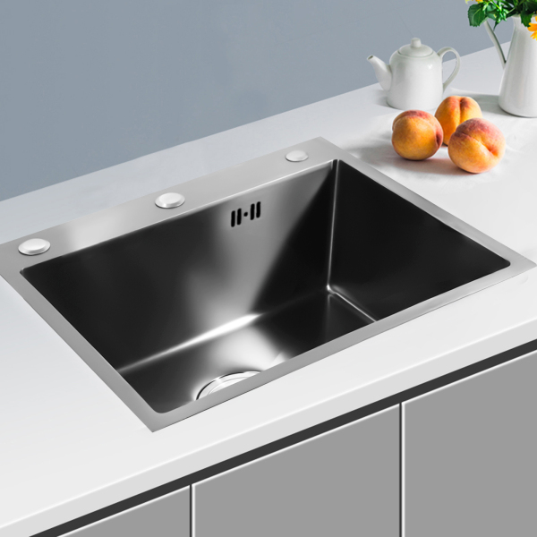 Fregadero de cocina de 50 x 45 cm, acero inoxidable, fregadero de 20 cm, armario inferior con desagüe y escurridor, dispensador de jabón(Gris-oscuro) Fregadero de cocina de 50 x 45 cm, acero inoxidable, fregadero de 20 cm, armario inferior con desagüe y escurridor, dispensador de jabón(Gris-oscuro)