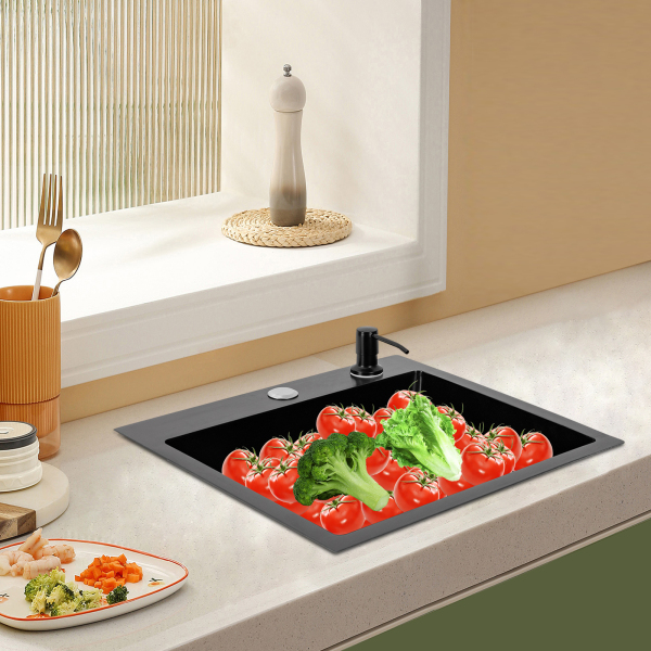 Fregadero de cocina con cesta de drenaje 40 x 45 cm, rectangular, dispensador de jabón, fregadero de acero inoxidable
