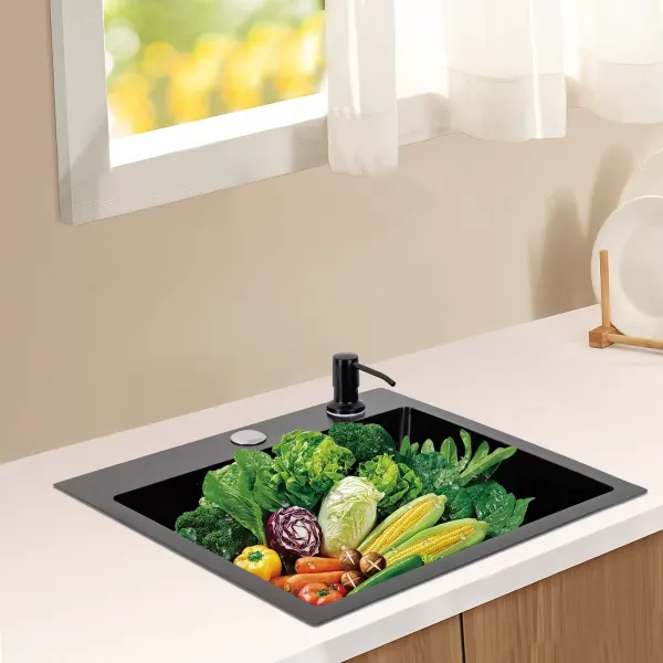 Fregadero de cocina con cesta de drenaje 40 x 45 cm, rectangular, dispensador de jabón, fregadero de acero inoxidable
