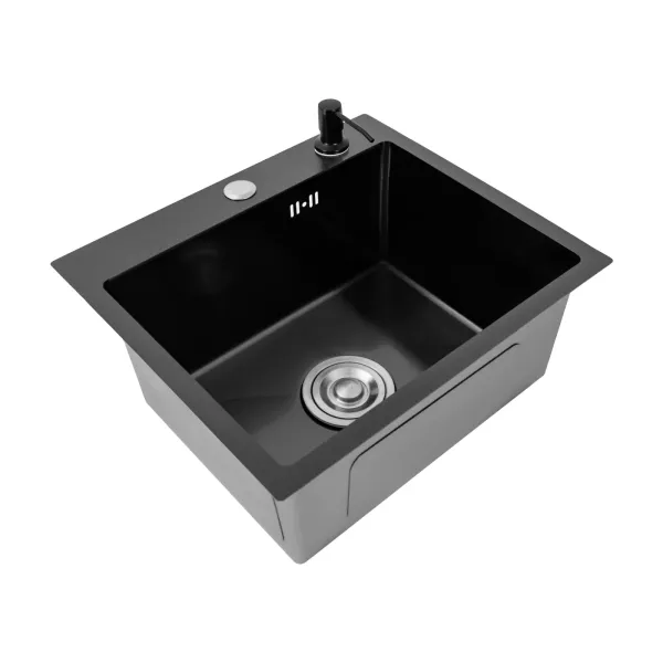 Fregadero de cocina con cesta de drenaje 40 x 45 cm, rectangular, dispensador de jabón, fregadero de acero inoxidable