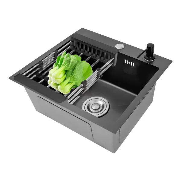 Fregadero de cocina con cesta de drenaje 40 x 45 cm, rectangular, dispensador de jabón, fregadero de acero inoxidable