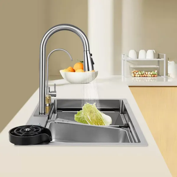 Fregadero de cocina de un solo cuenco, fregadero de bar cascada, de acero inoxidable, juego de fregadero, fregadero integrado con grifo extraíble