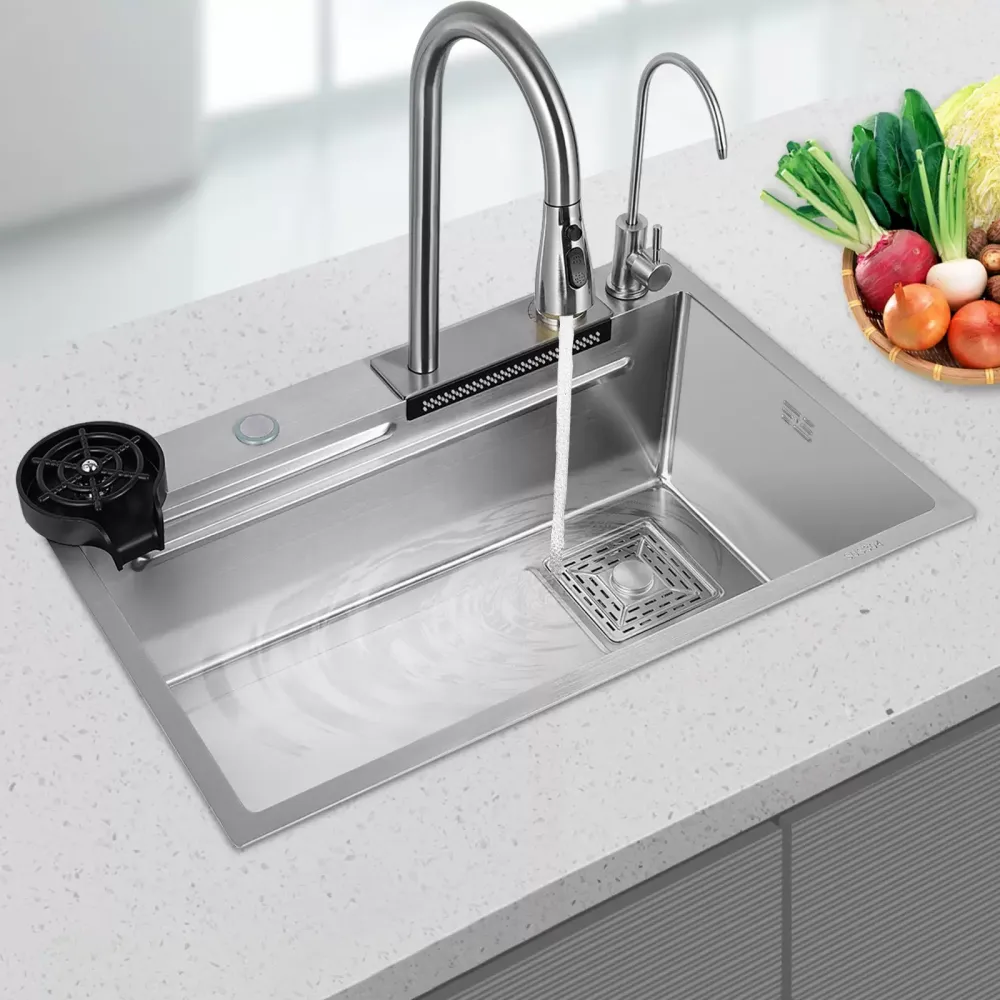 Fregadero de cocina de un solo cuenco, fregadero de bar cascada, de acero inoxidable, juego de fregadero, fregadero integrado con grifo extraíble