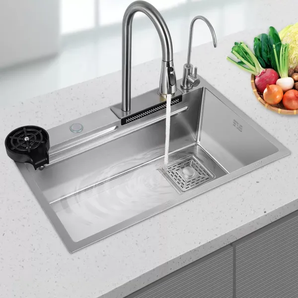 Fregadero de cocina de un solo cuenco, fregadero de bar cascada, de acero inoxidable, juego de fregadero, fregadero integrado con grifo extraíble