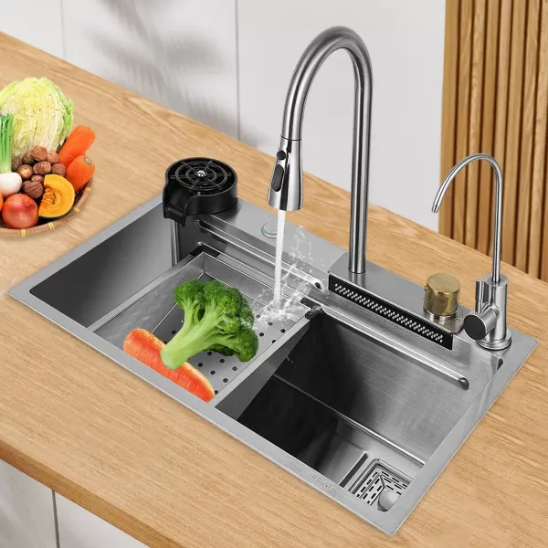Fregadero de cocina de un solo cuenco, fregadero de bar cascada, de acero inoxidable, juego de fregadero, fregadero integrado con grifo extraíble