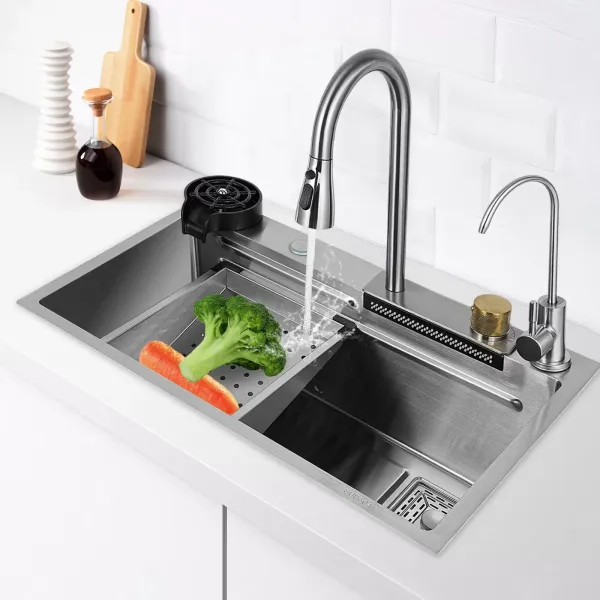 Fregadero de cocina de un solo cuenco, fregadero de bar cascada, de acero inoxidable, juego de fregadero, fregadero integrado con grifo extraíble Fregadero de cocina de un solo cuenco, fregadero de bar cascada, de acero inoxidable, juego de fregadero, fregadero integrado con grifo extraíble